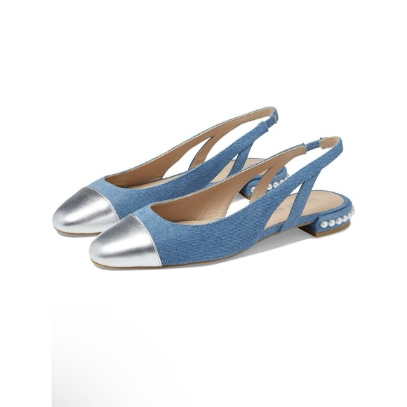 STUART WEITZMAN Womens Pearl Genuine Calf Hair Slingback Denim Flats Shoes Sz 9B - Picture 1 of 16